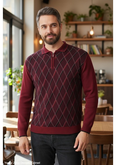 Kamalı Erkek Bordo Tüylenme Yapmayan Anti Pilling Kumaş Standart Fit Normal Kesim Polo Yaka Triko Kazak