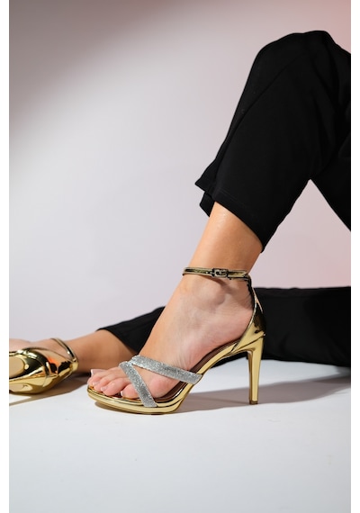 Luvishoes Laredo Altın Taşlı Kadın Platform Topuklu Abiye Ayakkabı