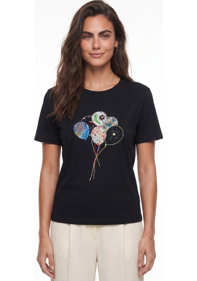 Onloox Kadın Siyah Siyah Pamuklu Bisiklet Yaka Kısa Kollu Renkli Balon Nakış Detaylı Premium Tasarım T-shirt