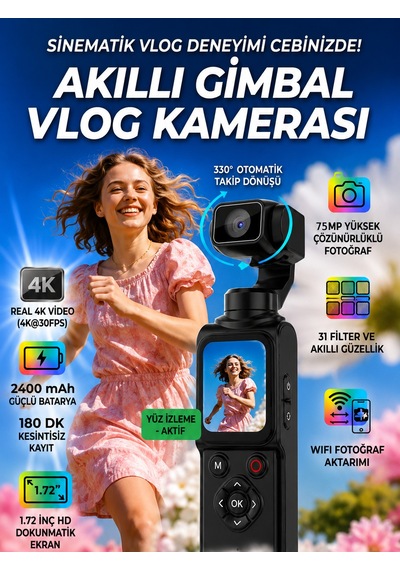 Qstar 4k 30fps Video 75mp Fotoğraf El Tipi Vlog Kamera 330 Stabilizasyonlu Selfie Lensli Kamera