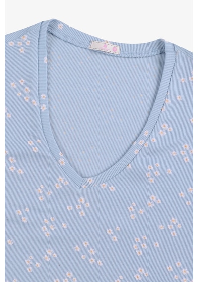 Kadın Kısa Kollu Pamuklu Fitilli Kaşkorse Pijama Takımı Ko7305ts-1 Bebe Mavisi