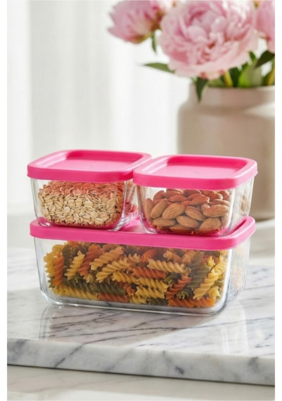 Lav Cube Cam Saklama Kabı Seti 3'lü Büyük Boy 1170 ml Pembe Plastik Kapaklı