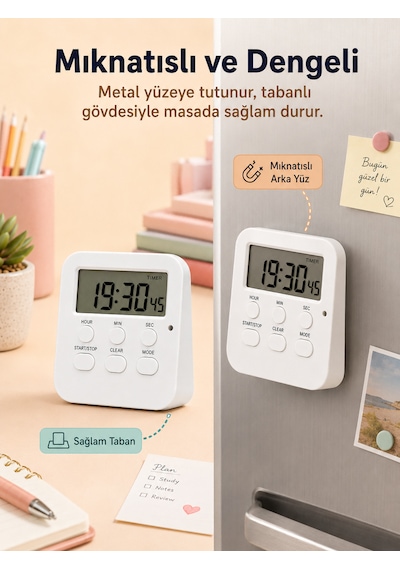 Öğrenci Ders Çalışma Saati Kronometreli Araç Saati Mutfak Buzdolabı Magnet Saat Sınavlara Hazırlık Beyaz
