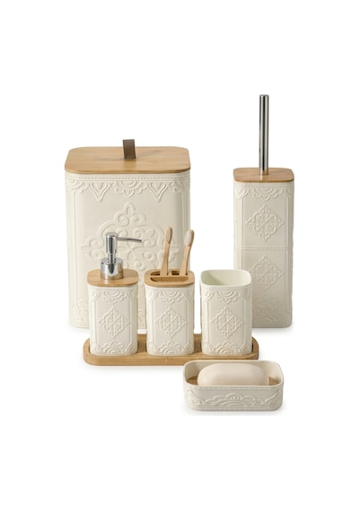 Makri Home 7 Parça Desenli Kare Bambu Kapaklı Beyaz Banyo Seti, Hacim: 8 Litre Beyaz