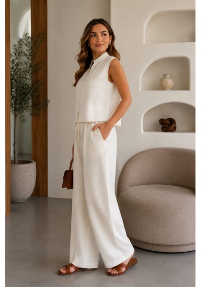 Unika Boutique Kadın Keten Yelekli Takım Taş