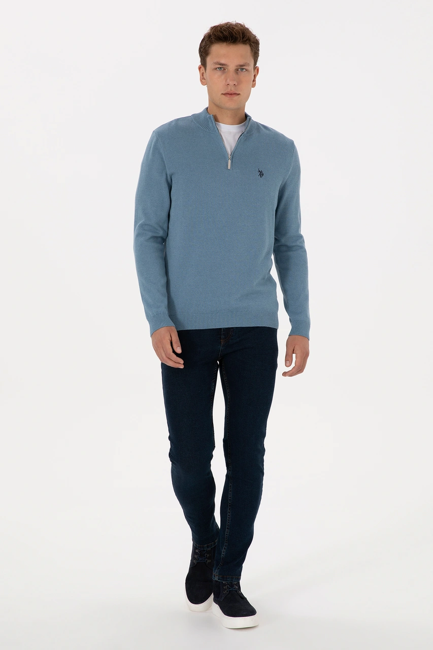 U.S. Polo Assn. Erkek Slim Fit Yarım Fermuarlı Mavi Basic Kazak 50313695-VR251