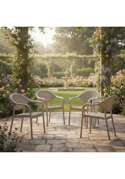 4 Adet Bambu Plastik Rattan Bahçe Balkon Teras Sandalyesi Gizli Metal Profil Ayaklı Kollu Sandalye Krem