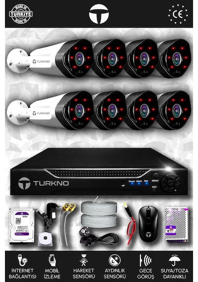 Turkno 8 Kameralı Galia 8 Dış Kamera Set 500 GB HDD Full HD Gece Görüşlü Güvenlik Kamerası Sistemi