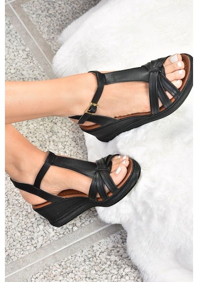 Fox Shoes Siyah Dolgu Topuklu Kadın Ayakkabı K674305309 Siyah-suni Deri