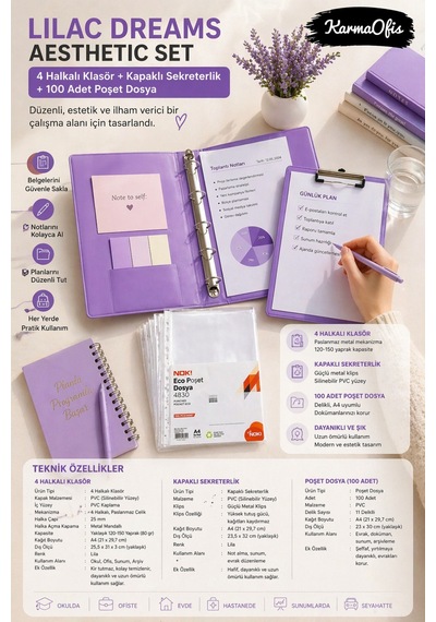Lilac Dreams Aesthetic Kırtasiye Seti A4 4 Halkalı Klasör + Kapaklı Sekreterlik + 100 Adet Poşet Dosya Pembe Pvc Organizer Set
