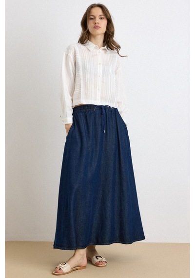 Olcay Beli Lastikli Soft Denim Etek Lacivert 7068