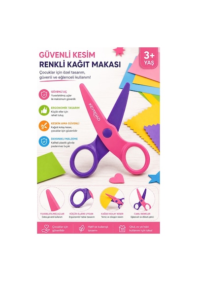 Pembe Mor Kağıt Makası 1 Adet Keyroad Plastik Küt Uç Korumalı Okul Makası Çocuk Makası Okul Öncesi Kreş Ana Sınıfı