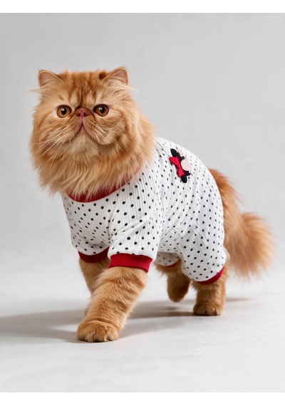 Polka Dot Rouge Minny Kedi Tulumu Siyah Beyaz Puantiyeli Penye Kedi Pijaması