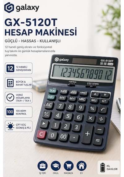 Hesap Makinesi Siyah 14x19 Cm 1 Adet Galaxy Gx-5120t 12 Haneli Orta Boy Ofis Büro Masaüstü Hesap Makinası