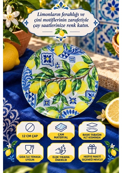 6 Lı Cam Çay Tabağı Limon & İznik Çini Desenli 12 Cm 6 Adet Çay Tabak Sarı