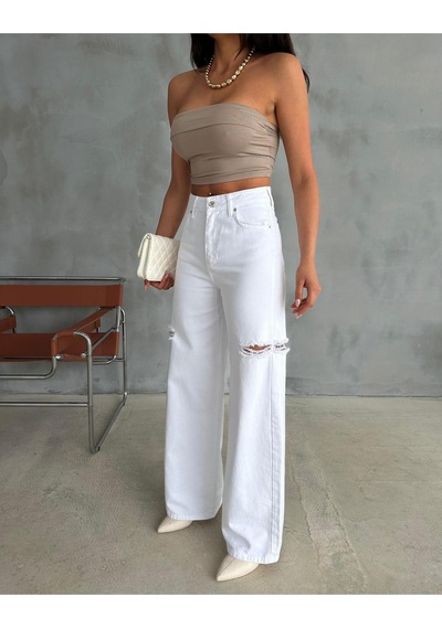 Zeo Basic Beyaz Baggy Pantolon Denim Kumaş Yanlardan Lazerli Beyaz