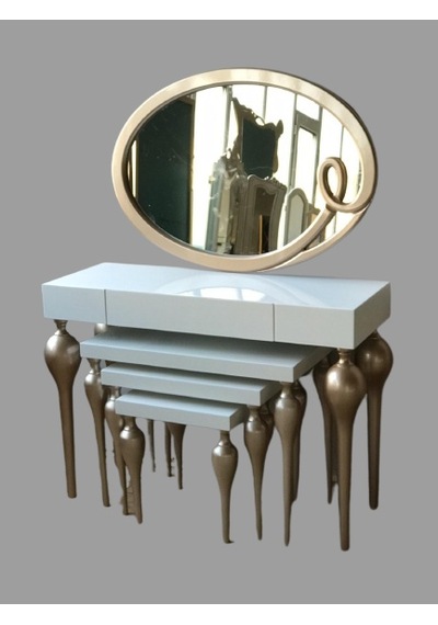 Dresuar-ZİGON TOMBUL İmza Oval ayna Model Ahşap Kayın torna MDF Tabla Parlak GOLD-Beyaz Boya UYUMU Ahşap