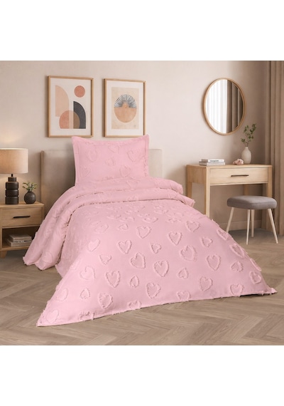 Kalp 2 Parça Tek Kişilik Yatak Örtüsü Pembe