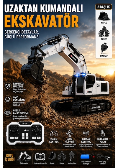 3in1 Excavator Kırıcı Delici Taşıyıcı Rc Uzaktan Kumandalı Işıklı Sesli Metal Alaşım Ekskavatör İş Makinesi Beyaz