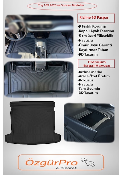 Rizline Premium Tog T10x 2023 Ve Sonrası 9d Paspas-premıum Bagaj Havuzu Siyah Organizer Set