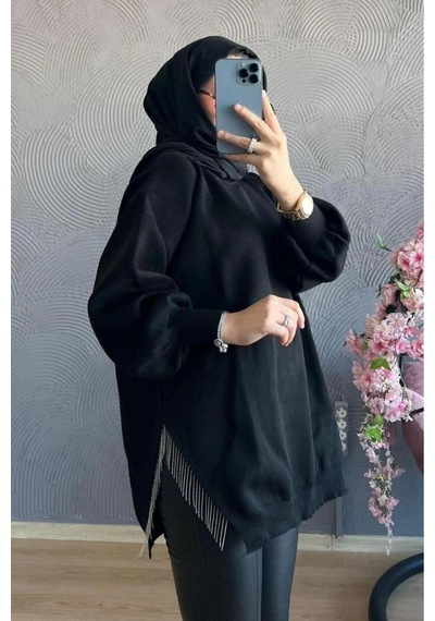 De Pose Yarı Zincirli Tesettür Triko Kazak Siyah