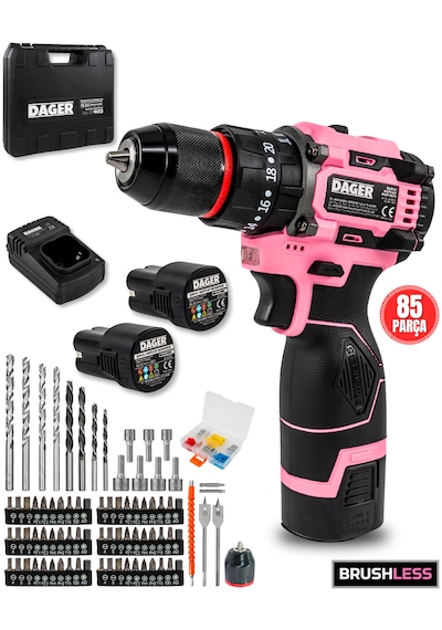 Dager NOVA 16.8V Kömürsüz Darbeli Şarjlı Matkap Vidalama Seti | 60Nm | Çift Akü + 85 Parça Aksesuar + Hızlı Şarj | Pembe Dager NOVA 16.8V Kömürsüz Darbeli Şarjlı Matkap Vidalama Seti | 60Nm | Çift Akü + 85 Parça Aksesuar + Hızlı Şarj | Pembe