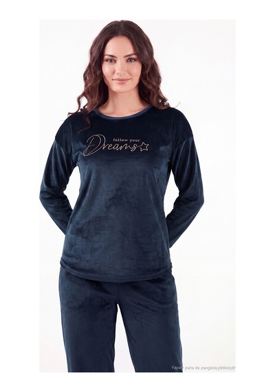 Lela Bisiklet Yaka Yumuşak Dokulu Parlak Kadife Pijama Takımı Kadın Pijama Takımı 6094209 Lacivert