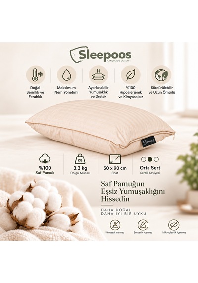 Sleepoos %100 Organik Pamuk Yastık 50 x 90