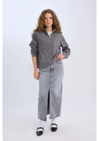 Defacto Long Fit Yırtmaçlı Cepli Uzun Boy Jean Etek D1375AX24AU Gri