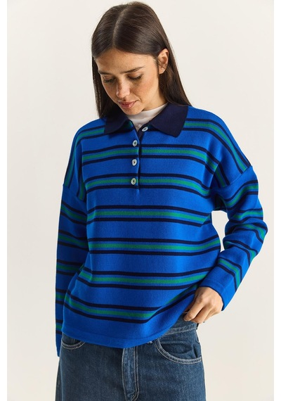 Shade Polo Yaka Çizgili Basic Triko Kazak 20258061 - Saks