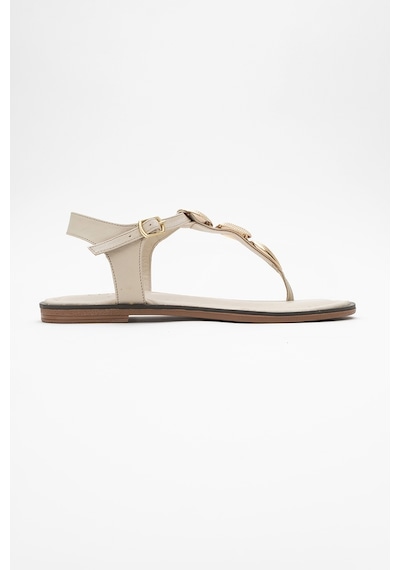 Luvishoes Luvi Shoes Helen Bej Hakiki Deri Parmak Arası Gold Tokalı Kadın Sandalet Bej