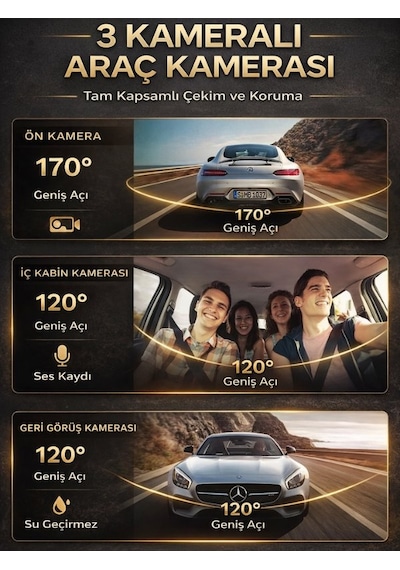Snr-38 Wi-fi 3 Kameralı Araç İçi Güvenlik Kamerası Ir Gece Görüşü G-sensör Ön-arka-iç Kayıt Dashcam