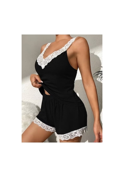 Butik İstanbul Kadın Askılı V Yakalı Viskon Bluz Ve Short Gecelik Takım Siyah