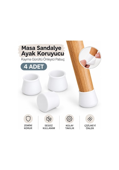 4 Adet Beyaz Masa Sandalye Ayak Koruyucu Silikon Pabuç Kaydırmaz Çizilme Önleyici Zemin Koruyucu