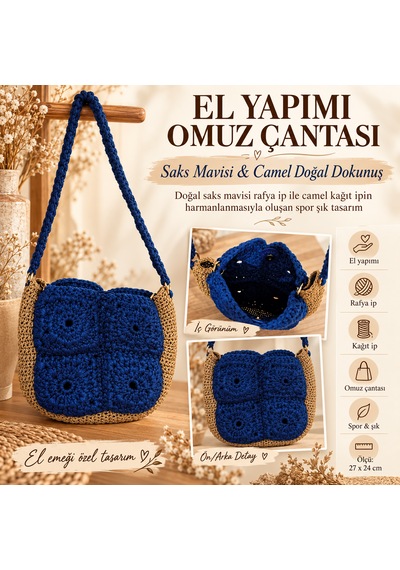 Saks Mavi Doğal Rafya İp Ve Camel Kağıt İp Omuz Çantası Saks Mavi - Camel