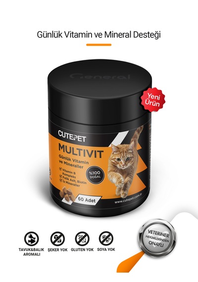 Cutepet Multivit Kedi Vitamin Ve Mineral Tableti 60 Adet Günlük Bağışıklık Ve Enerji Takviyesi