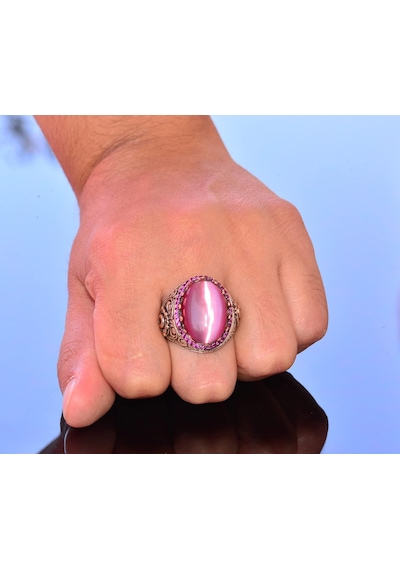 925k Erkek Sterlin Gümüş Yüzük - Pembe Kedi Göz Taşı Kral Yüzüğü - El Yapımı Erkek Takısı Gümüş