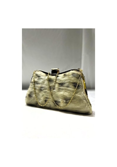 Kadın Bej Suni Kürk Zincirli El Ve Omuz Clutch Portföy Çanta - Bej