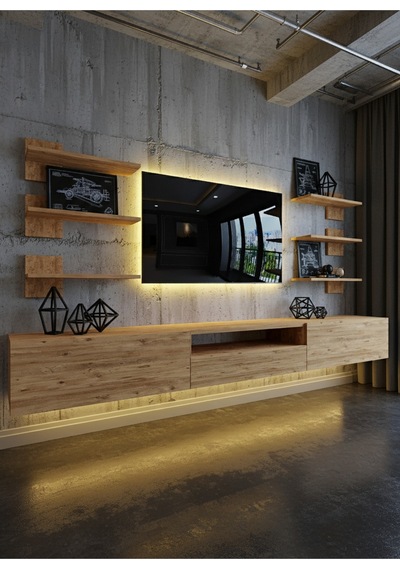 Resital Duvara Monte Ledli 270 Cm Tv Ünitesi Duvar Raflı - Ll6041 Atlantik Çam
