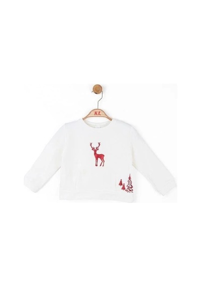 Nk Kids Kız Çocuk Parlak Kırmızı Geyik Desenli Sweatshirt-13488 Ekru