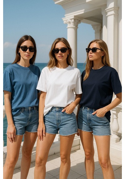 Kadın 3'lü Paket Lacivert-mavi-beyaz %100 Pamuk Oversize Basic Tişört Bisiklet Yaka Relaxed T-shirt Çok Renkli