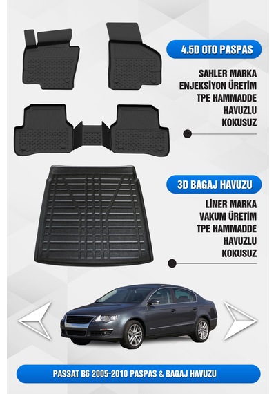 Volkswagen Passat B6 2005-2010 Uyumlu 4.5d Premium Havuzlu Oto Paspas Ve Liner Bagaj Havuzu