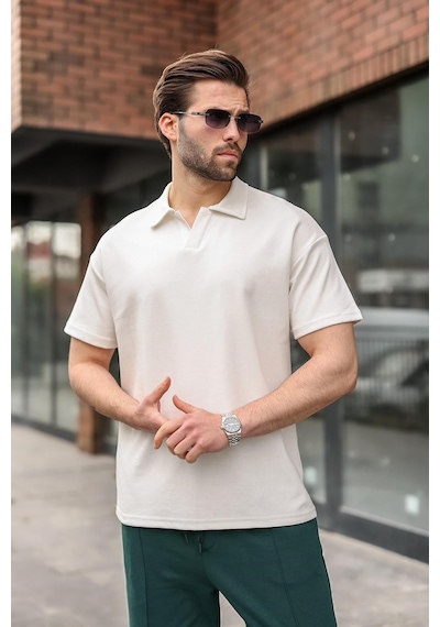Madmext Ekru Polo Yaka Oversize Erkek Tişört E7185