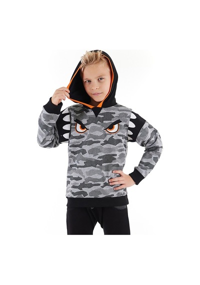 Denokids Mushi Kamuflaj Kapüşonlu Erkek Çocuk Sweatshirt  - Gri - Siyah - Turuncu