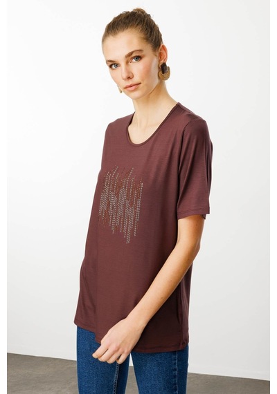 Desen Kadın Sıfır Yaka Taş Baskılı Penye T-shirt Desen Kadın Sıfır Yaka Taş Baskılı Penye T-shirt