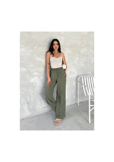 Gugus Trend Kadın Beli Lastikli Bol Paça Wide Lige Eskitme Keten Pantolon Haki