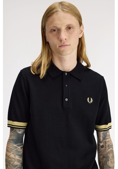 Fred Perry K2323-90a Contrast Cuff Knitted Erkek Polo Tişört Siyah
