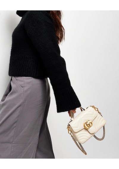 Gucci White Chevron Leather Gg Marmont Top Handle Bag Beyaz