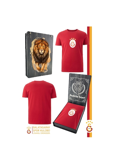 Galatasaray Lisanslı Arma T-shirt Gs Aslan Baskılı Ahşap Kutulu 100 Kırmızı