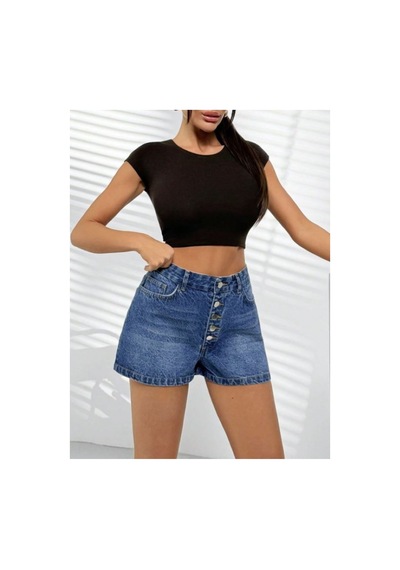 Kene Jeans Patlet Düğmeli Mavi İşlemli Kot Şort Mavi İşlemli